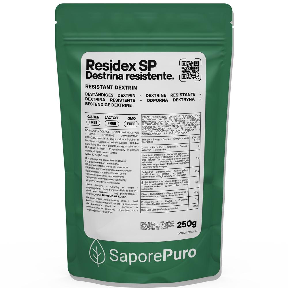 Amido resistente ResiDex SP della SaporePuro, confezione da 250g, mostra la polvere di destrina resistente da mais in un barattolo